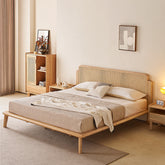 Stylish Cal King Ash Wood  Bed with Rattan Headboard - Durable Design for Bedroom hjhms-1562